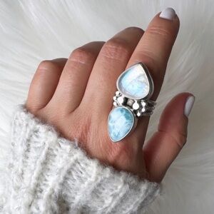 Rainbow Moonstone and Larimar Ring Size 8